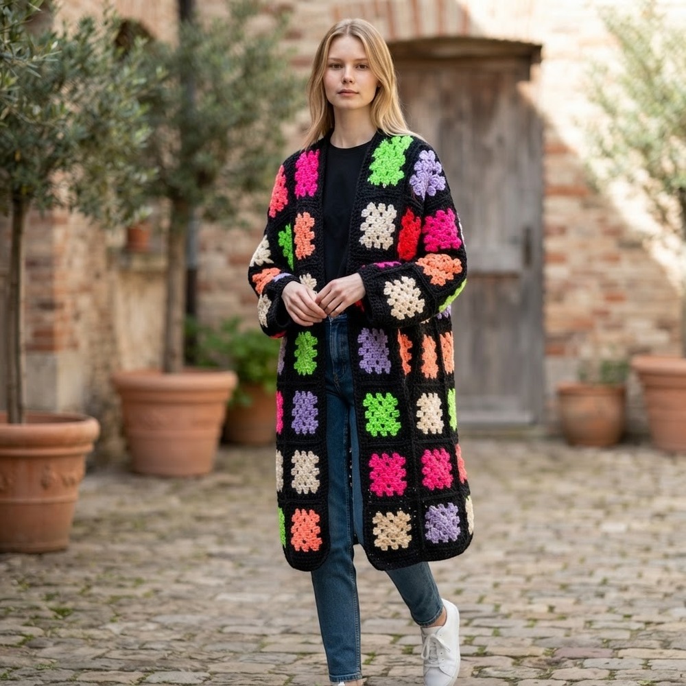 Handmade Crochet Cardigan OS Multicolor Granny Square Neon Duster Excellent Boho